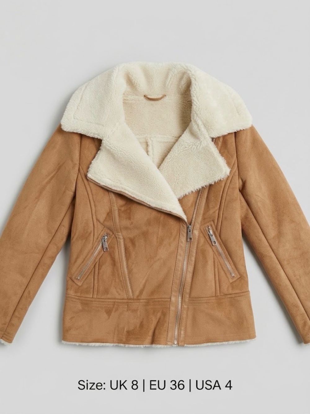New look Women's Tan Faux Suede Biker Jacket Faux Shearling Lined US 4 UK 8